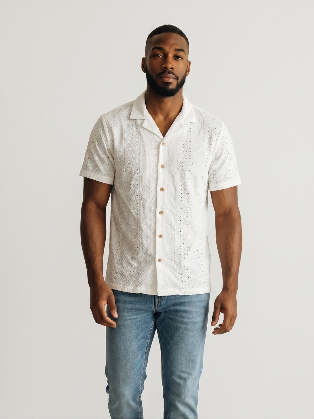 Men's White Eyelet Short-Sleeve Button-Down Shirt